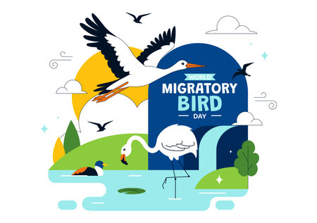 World Migratory Bird Day Vector Illustration Featuring Flying Storks Over Wetland Landscape, Wildlife Nature Conservation and Seasonal Migrationのイラスト素材