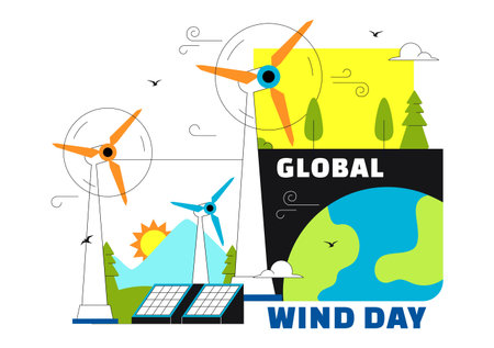 Global Wind Day Vector Illustration on June 15 With Wind Turbines And Solar Panels For Renewable Energy Concept, Clean Power and Environmental Designのイラスト素材