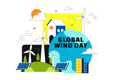 Global Wind Day Vector Illustration on June 15 With Wind Turbines And Solar Panels For Renewable Energy Concept, Clean Power and Environmental Designのイラスト素材
