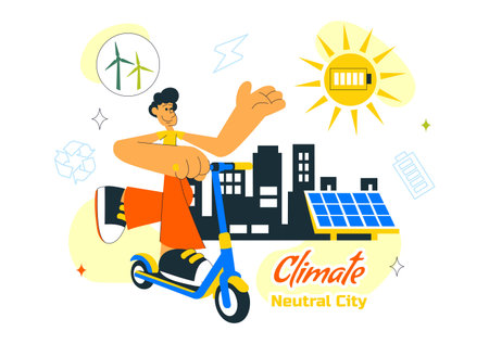 Climate Neutral City Vector Illustration With Renewable Energy, Green Urban Development, Solar Panels Wind Turbines and Sustainable Environment Designのイラスト素材