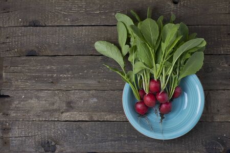 Radish in a plate on wooden background, top view, organic foodの写真素材