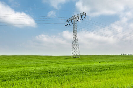 on a pasture in Germany there is a high voltage poleの写真素材