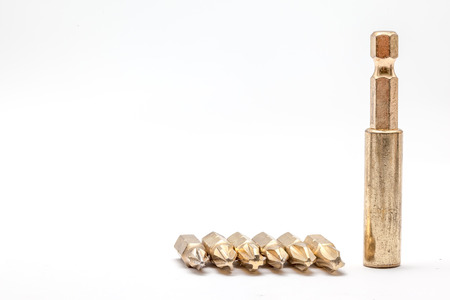 screwdriver with different screw on white backgroundの写真素材