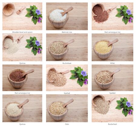 these different herbsin an wooden bowl with spoonの写真素材