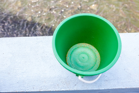 at the temple of Buddha there an empty green bucketの写真素材