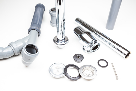 chrome siphon whitout an crepine on whiteの写真素材