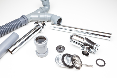 chrome siphon whitout an crepine on whiteの写真素材