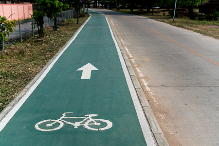 In Thailand in a city is this beautiful green bike path with arrow