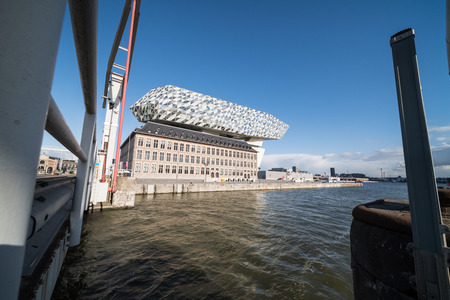 View on the new Port House (Havenhuis), the head office of the Antwerp Port Authority, designed by architect Zaha Hadid in the Belgium city of Antwerpのeditorial素材