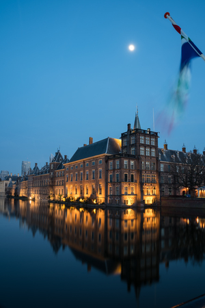 Twilight Shot of The Hague Skyline Reflected in the Hofvijer Canal, The Netherlandsの写真素材