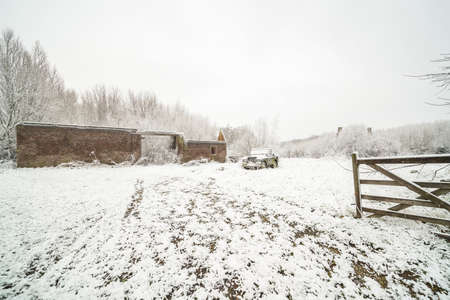 on a meadow there is an abandoned car with snowの写真素材