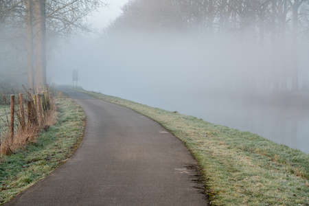 On a foggy cold morning along the river between the trees