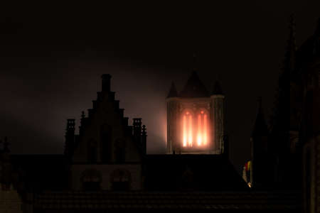 In Ghent at the light festival, the Sint Niklaaskerk is on fireの写真素材