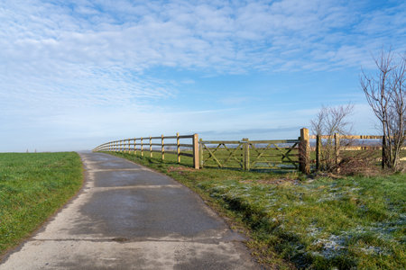 At the edge of the meadow there is wooden fence next to a road that goes down a lane through the landscapeの写真素材