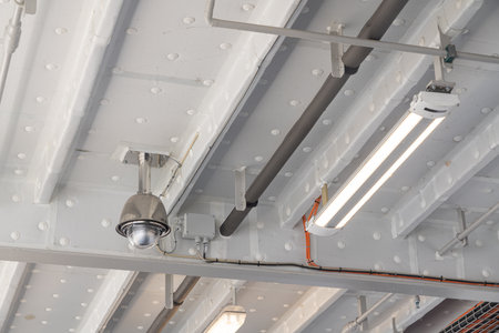 A security camera hangs from the iron ceiling to keep an eye on thingsの写真素材