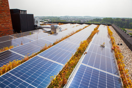 on a building in a residential area, there are eco solar panels on the roofの写真素材
