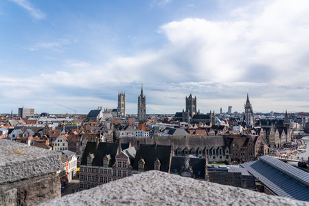 A panoramic view of the three towers of Ghent, taken from the grave stone