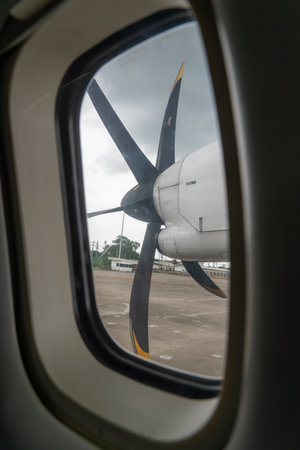 an aircraft wing with a motor-driven propellersの写真素材