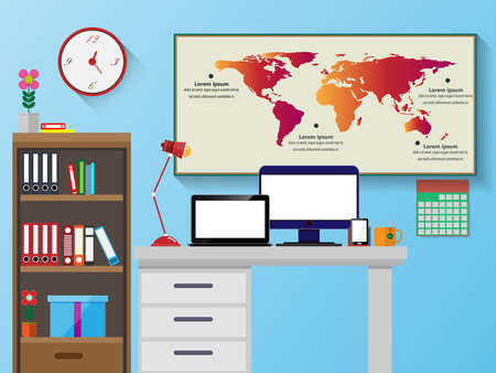 Vector office with a desk. Bookshelves and computer flat design illustration.のイラスト素材