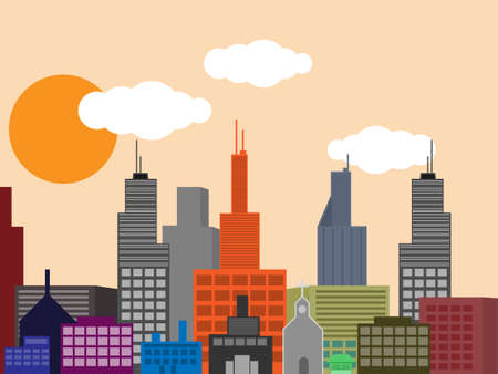 Vector city with buildings and sunset sky illustration.のイラスト素材