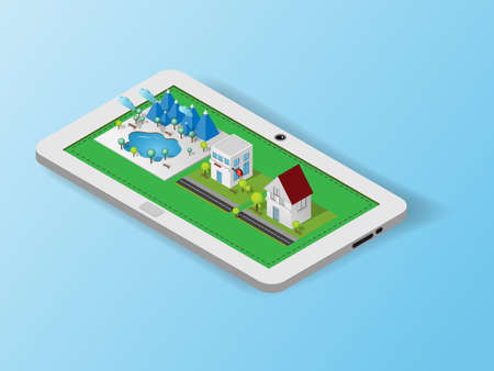 3d vector geometry form the phone. With buildings and nature illustration.のイラスト素材
