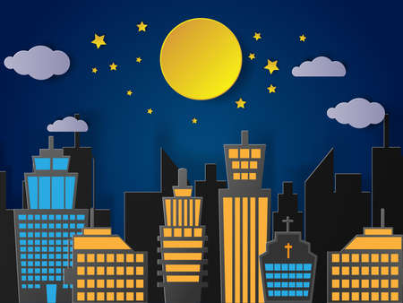 Vector Landscape City Village with full moon and urban.paper art style.のイラスト素材