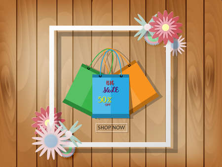 Multi-colored discount sign on wooden floor, vector illustrationのイラスト素材