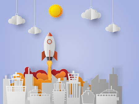 space shuttle launch to the sky, start up business concept, vector illustration, paper art styleのイラスト素材