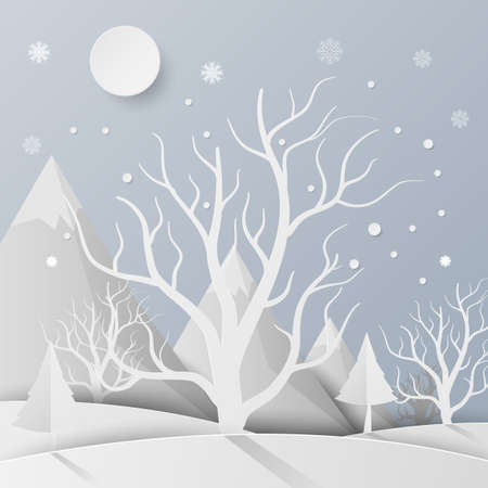 Vector forest with snow and mountain. paper art style.のイラスト素材