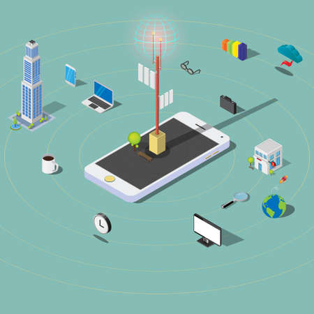 3D building technology electronic devices internet access and connection infographic concept...