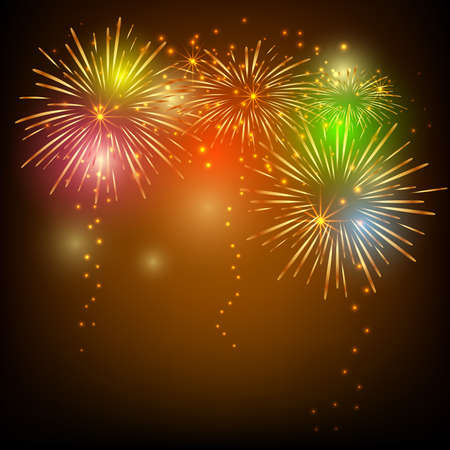 Colorful fireworks on black background for celebration a happy new year greeting card. Vector illustration.のイラスト素材