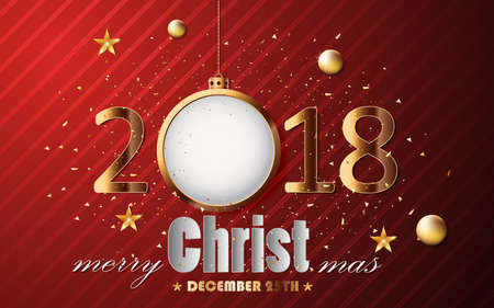 Happy New Year and Merry Christmas Gold with Card Design on a Red Background, Vector Illustration.のイラスト素材
