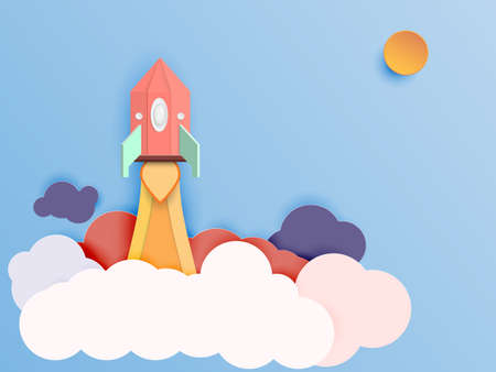 Vector Rocket ship launch paper art style. Start up business concept.のイラスト素材