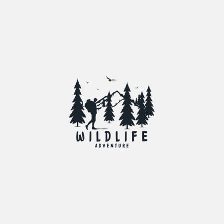 Mountain expedition and adventure in nature logo . Forest camp area badgeのイラスト素材
