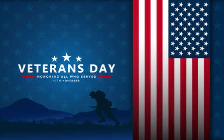 Veterans day poster background . Honoring all who served. Veterans day illustration with American flag and soldiers. November 11のイラスト素材
