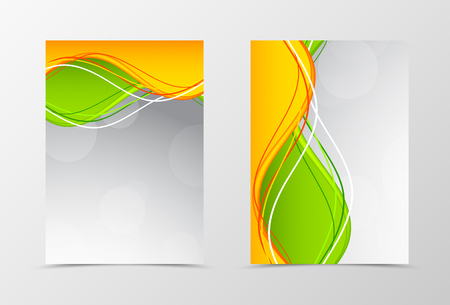 Front and back dynamic wave flyer template design. Abstract template with green and orange lines in smooth style. Vector illustrationのイラスト素材