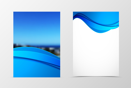 Front and back dynamic wave flyer template design. Abstract template with blue lines and photo in smooth style. Vector illustrationのイラスト素材