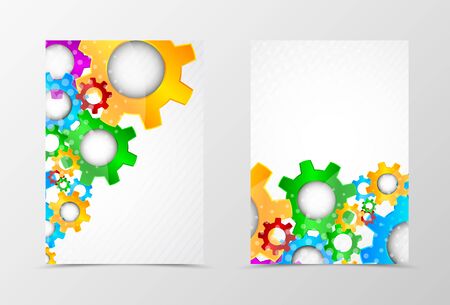 Front and back dynamic flyer template design. Abstract template with colorful gears in geometric style. Vector illustrationのイラスト素材