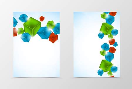Front and back geometric flyer template design. Abstract template with colorful 3d cubes in dynamic style. Vector illustrationのイラスト素材