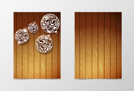 Front and back festive flyer template design. Abstract template with christmas balls in wooden style. Vector illustrationのイラスト素材
