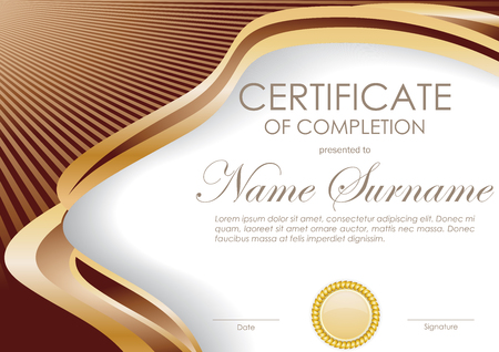 Certificate of completion template with brown wavy swirl background and gold seal. Vector illustrationのイラスト素材