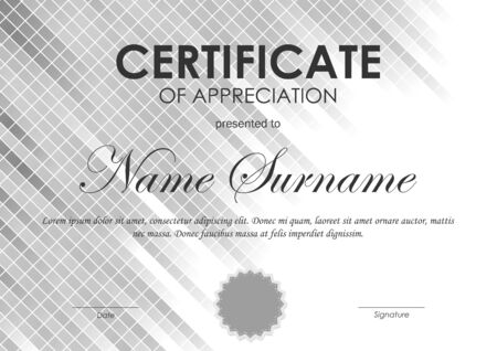 Certificate of appreciation template with gray square netting background and seal. Vector illustrationのイラスト素材