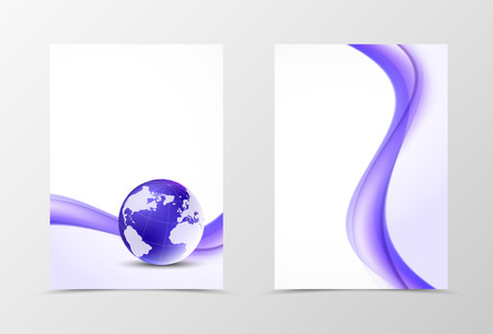Front and back dynamic flyer template design. Abstract template with purple lines and globe in wavy light style. Vector illustrationのイラスト素材
