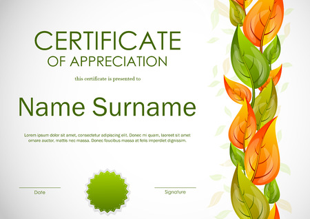 Certificate of appreciation template with green and orange leaves and seal. Vector illustrationのイラスト素材