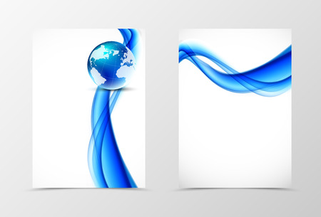 Front and back wavy flyer template design. Abstract template with blue lines and globe in digital soft style. Vector illustrationのイラスト素材