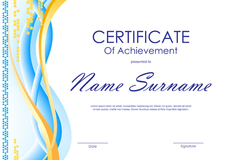 Certificate of achievement template with blue and gold curved bright wavy background. Vector illustrationのイラスト素材