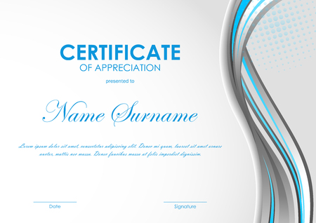 Certificate of appreciation template with blue and gray curve wavy background. Vector illustrationのイラスト素材