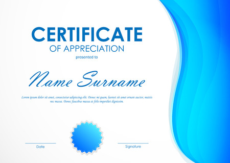 Certificate of appreciation template with blue wavy light background and seal. Vector illustrationのイラスト素材