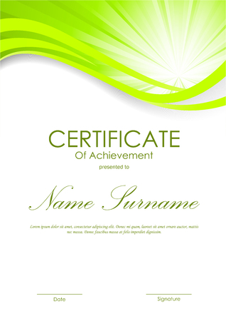 Certificate of achievement template with shiny green wavy vortex background. Vector illustrationのイラスト素材
