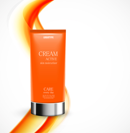 Skin moisturizer design template with orange realistic bottle on wavy curved soft light lines layout illustrationのイラスト素材